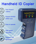 Handheld 125KHz RFID Card Copier And Writer For ID Badges with display and buttons, supports T5577, ergonomic blue design.