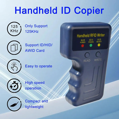 Handheld 125KHz RFID Card Copier And Writer For ID Badges with display and buttons, supports T5577, ergonomic blue design.
