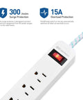 Two Pack 3 Outlet Surge Protector Power Strip With USB Ports 12 Foot Extension Cord Low Profile Plug White close-up with switch