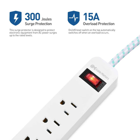 Two Pack 3 Outlet Surge Protector Power Strip With USB Ports 12 Foot Extension Cord Low Profile Plug White close-up with switch