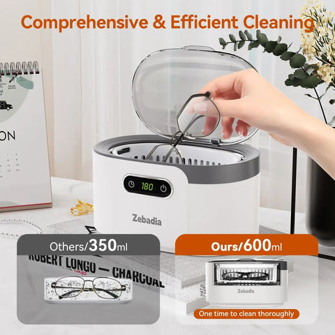 600ml Ultrasonic Jewelry Cleaner With Digital Timer For Glasses Rings Silver Coins And Makeup Brushes Deep Sonic Cleaning In Minutes With Tap Water For Home Or Salon Use, showing glasses being placed in the cleaner.