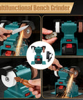 Hella Solid Mini Bench Grinder Featuring Dual Grind Wheels And A Heavy Duty Pure Copper Motor Spinning At 6000 Rpm For Garage Metal Polishing And Rust Removal Jobs in use with different tools.