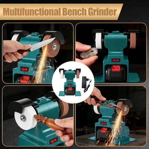 Hella Solid Mini Bench Grinder Featuring Dual Grind Wheels And A Heavy Duty Pure Copper Motor Spinning At 6000 Rpm For Garage Metal Polishing And Rust Removal Jobs in use with different tools.