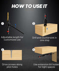 EZARC 12‑pc countersink drill bit set with magnetic extension holder; front-view infographic showing adjustable-length bit drilling and countersinking in wood.