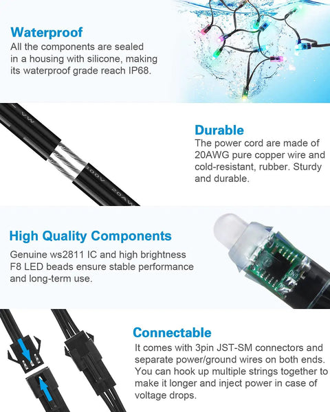 Diagram showing features of Individually Addressable WS2811 12mm Diffused Full Color Bullet LED Pixels Dope Pixel Set DC 5V IP68.
