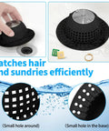 Top Tier Shower Drain Hair Catcher And Bathtub Dome Guard on a drain, catching hair and small items like rings in flexible silicone.