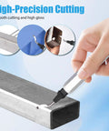Deburring Tool Set for 3D Printing and Metal Work with 10 High Speed Steel Blades smoothing edges on metal surface.