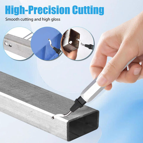 Deburring Tool Set for 3D Printing and Metal Work with 10 High Speed Steel Blades smoothing edges on metal surface.