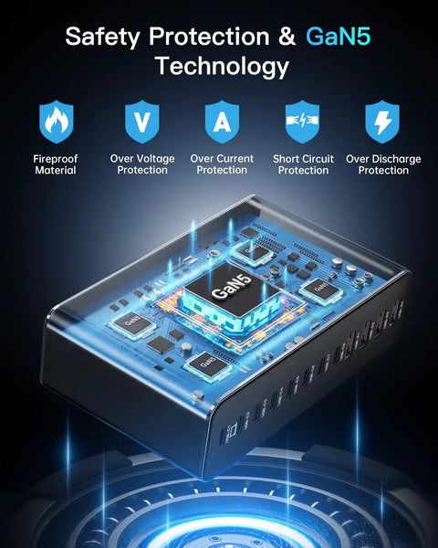 All In One 12 Port Aluminum GaN Charging Station 380W Fast USB C Charger Block With 65W Laptop PD safety features displayed