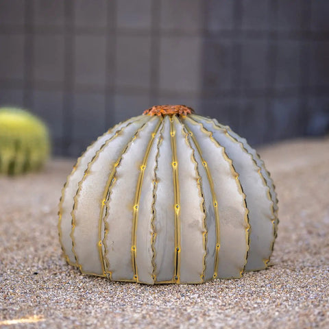 Golden Barrel Cactus Torch Outdoor Yard Art In Weatherproof Steel Large 18 Inch Wide By 13 Inch High Lawn Decor That Burns For 4 To 6 Hours Southwestern Desert Tiki Light For Backyard Vibes on sand