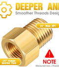 Brass Frienda 1/4in NPT male to 1/4in inverted flare female propane adapter, reducer, 4-piece set (close-up)
