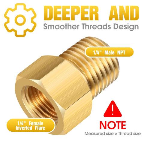 Brass Frienda 1/4in NPT male to 1/4in inverted flare female propane adapter, reducer, 4-piece set (close-up)