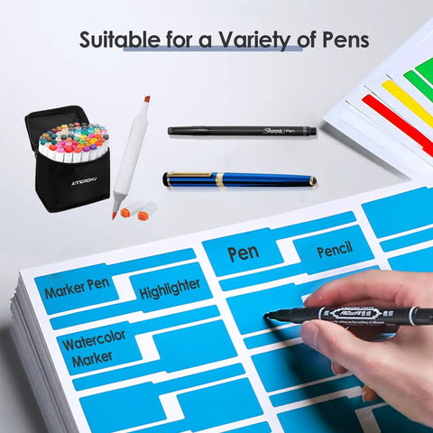 Color Coded Cable Labels Set For Quick Cable Management, 8 Sheets Of 240 Labels, A4 Size 210 X 297 Mm, Each Label 3.31 X 1.02 Inches, 8 Bright Colors Pink Green Red White Blue Orange Brown Yellow, Easy Tagging And Org. pen labels for assorted pens on A4 sheet