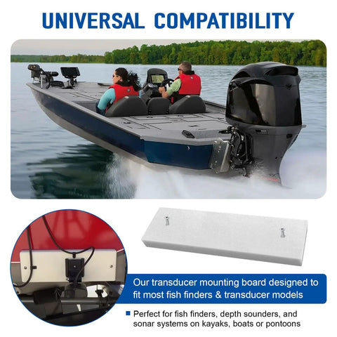 Universal Transducer Mounting Plate For Boats And Kayaks, 12 By 3.5 By 0.75 Inch Transom Board, Marine Grade White, shown installed