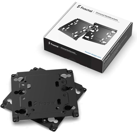 Universal Multibracket Mounting Adapter Kit For Three Point Five Inch And Two Point Five Inch HDD SSD Drives Or Water Cooling Pumps And Reservoirs, Converts A 120 Millimeter Fan Slot To A 105 By 105 Mount, Fits Most Cases, Black, 2 Pack. Black steel mounting plates and box