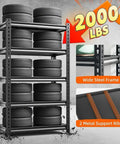 Hella Sturdy Five Tier Metal Shelving Unit Premium Heavy Duty Storage Rack For Garage Kitchen Pantry Adjustable Utility Shelf Black with stacked tires.