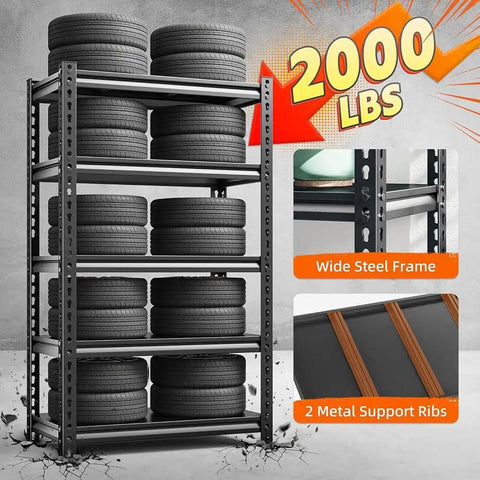 Hella Sturdy Five Tier Metal Shelving Unit Premium Heavy Duty Storage Rack For Garage Kitchen Pantry Adjustable Utility Shelf Black with stacked tires.