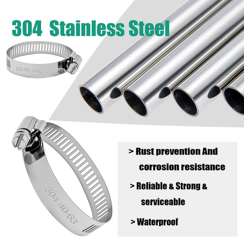 Heavy Duty Stainless Steel Hose Clamps 10 Pack, Adjustable 1-1/2 to 2-1/2 Inch Worm Gear Clamps For Pipe Tubing Dryer Repair And Fuel Lines, 304 Stainless steel, showing rust prevention feature and corrosion resistance.