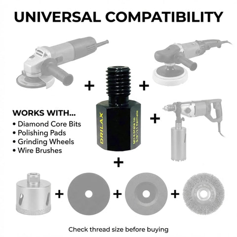 European To North American Thread Converter M14 Male To 5/8-11 Female Angle Grinder Adapter shown with compatible tools