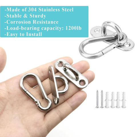 Stainless Steel Pad Eye Hooks Kit For Ceiling Hanging 1200 Lb Capacity Heavy Duty Snap Hooks With Screws Silver Oval 4 Pack, 304 steel hooks and screws