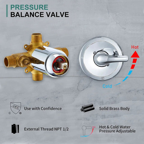 Pressure balance valve with solid brass body and single handle for five spray modes rain shower head system, easy temperature control.