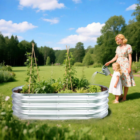 Outdoor Raised Garden Bed Kit, Galvanized Oval Metal Planter Box 120cm L X 60cm W X 30.5cm H in a garden with plants and people watering