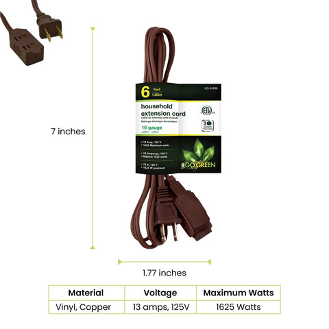 6 Foot Indoor Extension Cord With Three Outlets Brown Kink Free Child Safety Covers Discreet Design For Daily Use And Extra Protection