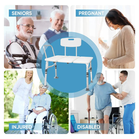 Heavy Duty Bathtub Transfer Bench With Back And Arm Rests, Height Adjustable, Non Slip Feet, No Tools Required Assembly with user scenarios