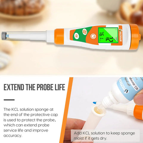 Digital pH Tester with spear probe, LCD display, showing usage with KCL solution for probe maintenance