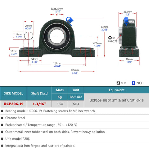 Two Pack Pillow Block Bearings UCP206-19 Bore 1-3/16 In specification sheet with dimensions and material details
