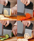 Two-pack stainless steel crinkle cutter and 2-in-1 vegetable peeler set by Amazon, front view with black handles.
Two-pack stainless steel crinkle cutter and 2-in-1 vegetable peeler set by Amazon, side view showing blade edge.
Two-pack stainless steel crinkle cutter and 2-in-1 vegetable peeler set by Amazon, close-up of blades and julienne/straight peeler.
Two-pack stainless steel crinkle cutter and 2-in-1 vegetable peeler set by Amazon, on cutting board in use.