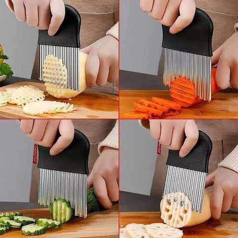 Two-pack stainless steel crinkle cutter and 2-in-1 vegetable peeler set by Amazon, front view with black handles.
Two-pack stainless steel crinkle cutter and 2-in-1 vegetable peeler set by Amazon, side view showing blade edge.
Two-pack stainless steel crinkle cutter and 2-in-1 vegetable peeler set by Amazon, close-up of blades and julienne/straight peeler.
Two-pack stainless steel crinkle cutter and 2-in-1 vegetable peeler set by Amazon, on cutting board in use.