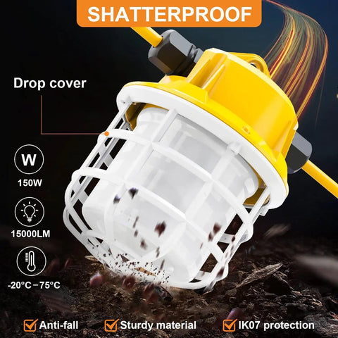 Close-up of 100 Foot LED Construction String Light Set With Ten 15W Lamps, 15000 Lumens Total, 360 Degree Beast Brightness, Outdoor IP65 Dust Waterproof, IK07 Heavy Duty Jobsite And Renovation Lighting For Courtyard, Backyard, And All Outdoor Spaces with shatterproof cover and debris protection.