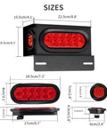 Heavy Duty Steel Trailer Light Housing Kit With 6 Inch Oval LED Tail Lights And 2 Inch Round LED Side Marker Lights Includes Grommets And Wire Connectors IP67 Waterproof Rugged Rustproof Powder Coated Finish Red, showing dimensions and components.