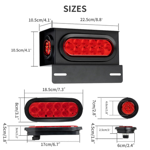 Heavy Duty Steel Trailer Light Housing Kit With 6 Inch Oval LED Tail Lights And 2 Inch Round LED Side Marker Lights Includes Grommets And Wire Connectors IP67 Waterproof Rugged Rustproof Powder Coated Finish Red, showing dimensions and components.