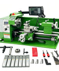 WYDDDARY Eight By Sixteen Inch Precision Benchtop Metal Lathe With Digital Readout DRO And Electronic Variable Speed Control, green, with accessories.