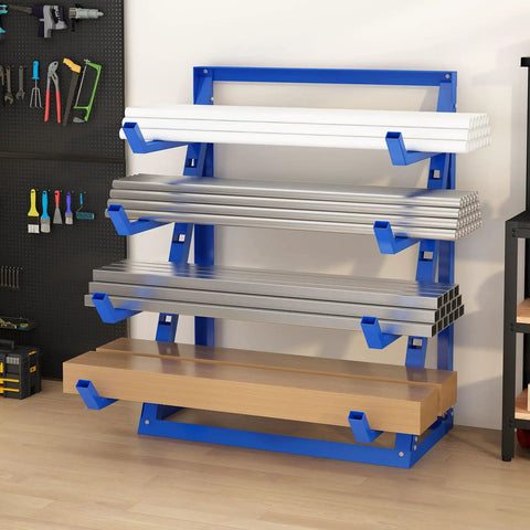 Top Notch 4 Tier Steel Lumber And Pipe Storage Rack With Adjustable Arms And Rugged Alloy Frame Holding Up To Two Thou Pounds For Garage Shop Or Basement Storage Needs