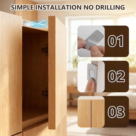 8 Pack Magnetic Cabinet Door Catches No Drill Needed Stainless Steel easy install process shown with step-by-step images