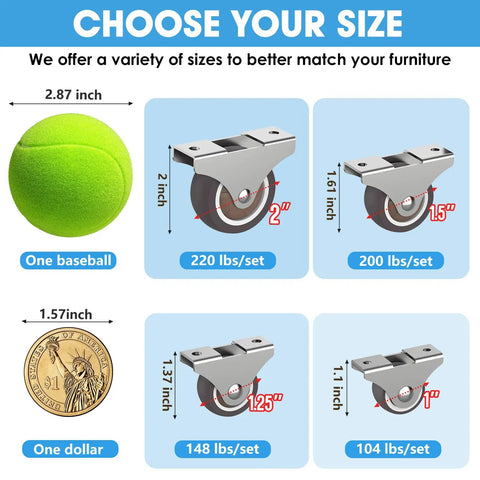 Image showing size options for 1.5 Inch Fixed Caster Wheels Low Profile TPR Rubber Casters For Furniture Drawers Storage Boxes.