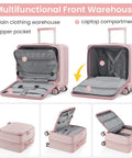 All In One 3 Piece Luggage Set With 16 Inch Front Opening Carry On, open view showing compartments, expandable PC hardshell