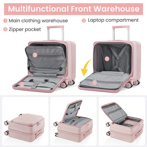 All In One 3 Piece Luggage Set With 16 Inch Front Opening Carry On, open view showing compartments, expandable PC hardshell