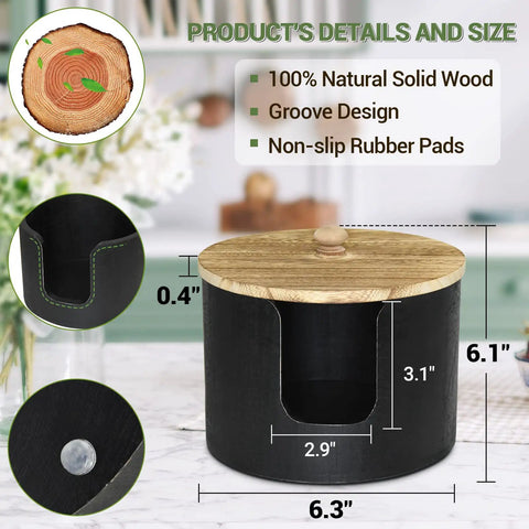 Coffee Filter Holder And Countertop Storage Jar With Lid For Easy Organization, 8 To 12 Cup Capacity in wood with dimensions.