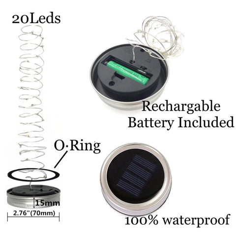 Image showing components of Solar Mason Jar Lid Lights 8 Pack With 20 LEDs, Lit Fairy Star Firefly String Lights, with solar panel and O-ring.