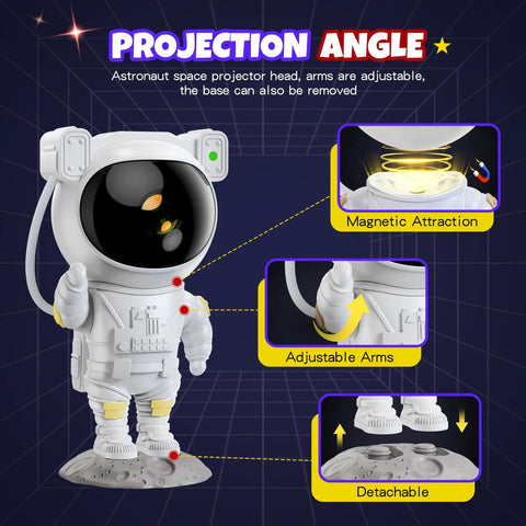 Astronaut Galaxy Star Projector Nebula Night Light With Timer And Remote for Kids and Adults showing adjustable arms and base.
