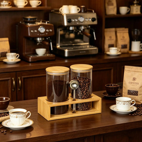 Two 49oz Airtight Glass Coffee Canisters With Bamboo Shelf, Stainless Spoon And Anti Slip Pads on kitchen counter