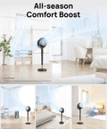 Bedroom Oscillating Pedestal Fan With DC Motor Ultra Quiet 20dB in living room, showing airflow in various seasons
