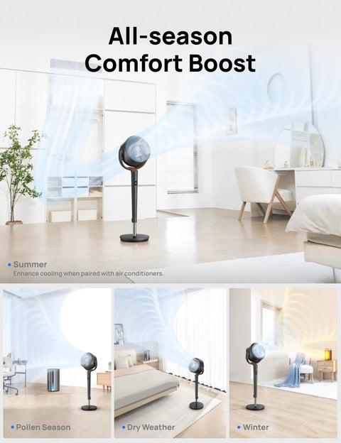 Bedroom Oscillating Pedestal Fan With DC Motor Ultra Quiet 20dB in living room, showing airflow in various seasons