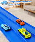 Three Lane Flex Track Race Set, 15 Ft Portable DIY Racetrack With Six Diecast Cars, 1 64th Scale Compatible on blue track