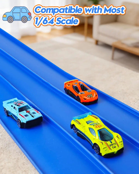 Three Lane Flex Track Race Set, 15 Ft Portable DIY Racetrack With Six Diecast Cars, 1 64th Scale Compatible on blue track