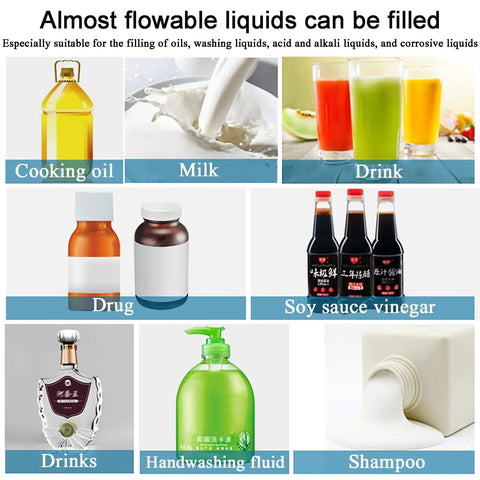 Automatic Pneumatic Liquid Filler Machine Horizontal Bottle Dosing Station Stainless Steel Frame with various flowable liquids.